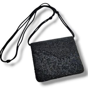 Diane Von Furstenberg Beaded Shoulder Clutch Evening Bag Black Satin Vintage